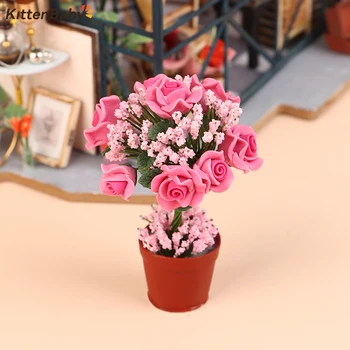 1:12 Domček Pre Bábiky Miniatúrne Črepníkové Rastliny Rose Kvetináč Bonsai Simulované Ruže Kvet Model Záhradných Domov Bábika Dekor Hračka