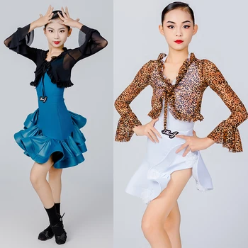 2 Kusy latinské Tanečné Oblečenie Pre Dievčatá Leopard Top latinské Tanečné predstavenie Šaty Samba Chacha Fáze Výkonu Kostýmy SL9609