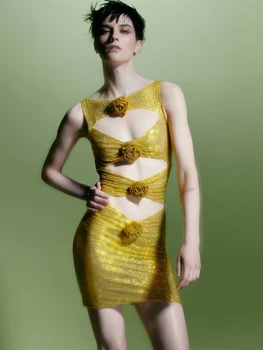2023 Módne dámske Luxusné Sexy Iskrivý Zlaté Flitre Lištovanie bez Rukávov Vystrihnúť Kvetinová Výzdoba Bodycon Clubwear Party Šaty