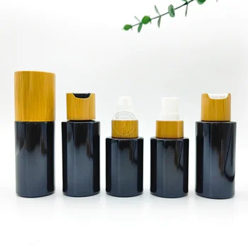 20ML 30ML 40ML 60ML Lesklé Čierne Sklo Fľaše s Bambusom Disk Top Upevňovacia Skrutka Krytu Pipety Kvapkadla Fľaša na Jar Ampulky Na Parfumy