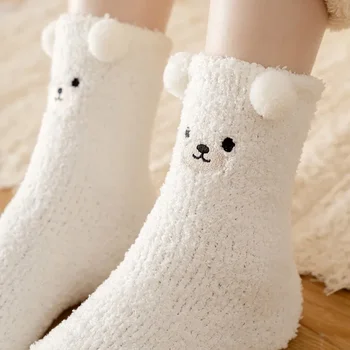 3D Medveď Zvierat Ženy Na Ponožky Zimné teplo Domova Poschodí Spánku Ponožka Kawaii Hrubé Rúna Fuzzy Ponožka Japončina kórejčina