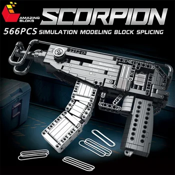 566PCS Scorpion Pištole stavebným Vojenské Armády Zbraň MOC Zbraň Model Tehly Deti DIY Zostaviť Hračky Chlapec Vianočné Darčeky
