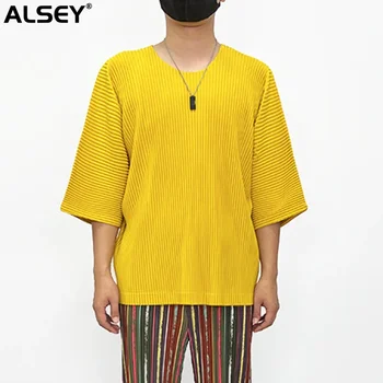 ALSEY Miyake Skladaný kórejský Módne Pánske pre Topy 2024 Lete Nové Voľné Jednoduché Streetwear Príležitostné Voľné Krátke Sleeve T-shirt