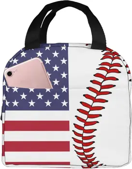 Baseball Vlajka Obed Tašky pre Ženy, Deti Izolované Obed Box Opakovane Malý Chladič Tote Taška pre Školy Piknik Práce, Biela a Červená