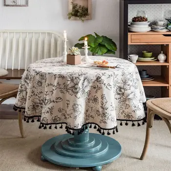 Bavlnená posteľná Bielizeň obrus Okrúhly Obrus s Strapec protiprachová Kvetinový Kruhový Stôl Kryt pre Kuchyňa Jedálenský Stôl Dekor