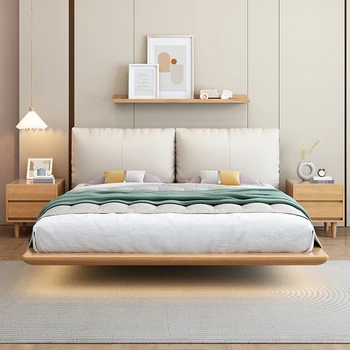 Biely vosk, drevo pozastavenie posteľ Nordic masívneho dreva manželská posteľ 1.8 Japonský majster posteľ Pokojnej krém vietor mäkká taška čisté červené kožené postele