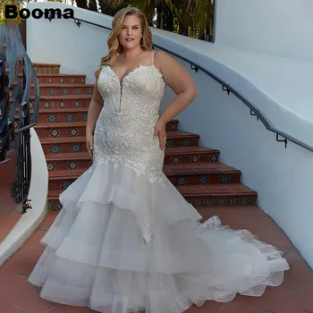 Booma Plus Veľkosť Elegantné Morská víla Svadobné Šaty Appliques Volánikmi Špagety Popruh Bridals Šaty pre Ženy Šaty s Sweep Vlak