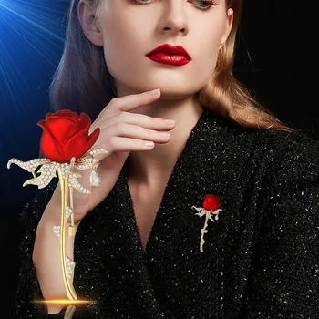 Drahokamu Červené Ruže Kvet Brošňa pre Ženy, Elegantné, Nádherné Lesklé Zirkón Kvet Preklopke Kolíky Svadobné Party Odznak Šperky