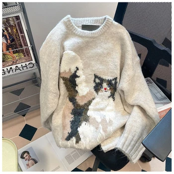 Dámske pletené sveter jemné a roztomilý retro mačka bežné hrubé zahraničné mäkké lepkavé plyšové dlhé rukávy top okolo krku pulóver