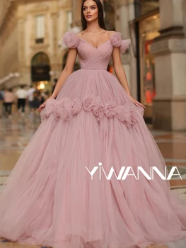 Elegantný Ramena Koktejlové Šaty Klasické 3D Kvet Večerné Šaty Jednoduchý-line Tylu Prom Šaty Pre Formálne Príležitosti