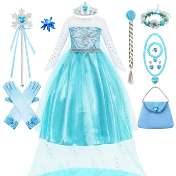 Elsa Šaty Dievčatá Dlhý Rukáv Kostým Princezná Snowflake Drahokamu Modré Šaty Batoľa Halloween Cosplay Party Vesidos pre 2-10 TON
