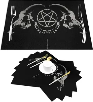 Gotický Okultné Satan Penta Symbol Skull Prestieranie Sada 4 pre Jedálenský Stôl Plastové Wipeable Miesto Rohože