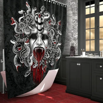 Gotický Sprchový Záves,Nu Goth Kúpeľňa Decor,Horor&Halloween Umenie-Kričí Medusa & Lebky, Black&White Hady Kúpeľňa Záclony