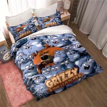 Grizzy a Lemmings posteľná bielizeň Nastaviť Dospelých Detí Spálňa Mäkké Duvet Set jednoduché Dvojité King Bed Nastaviť Cartoon Deka Kryt Nastaviť