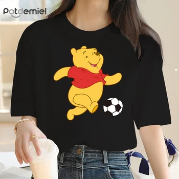 Hrať futbal Medvedík Pú Tlač Lete Dámy T-Shirt Cartoon Dámy Top Zábavné Oblečenie Krátky Rukáv Bavlna medvedík Pú