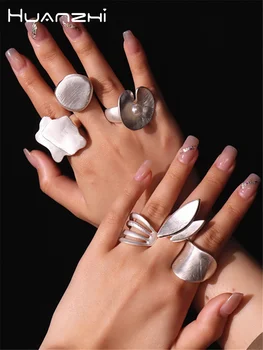 HUANZHI Robustné Strieborné Farebné Krúžky pre Ženy, Mužov Elastické Lano Spojenie Nepravidelný Geometrické Duté Matný Módny Trend Šperky