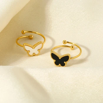 IN Trendy 18K Zlatom Nehrdzavejúcej Ocele Black White Butterfly Otvoriť Krúžok pre Ženy Nepremokavé Nastaviteľný Krúžok Šperky Darček
