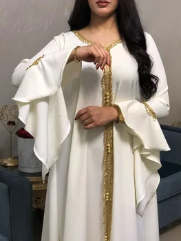 Jalabiya Kaftan Šaty Pre Ženy, Dubaj Turecko Zlatá Stuha Výšivky Voľné Moslimských Arabčina Islamské Oblečenie Biele 2020