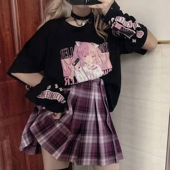 Japonské Anime Tlač Grafické T-košele Pre Ženy Lete Mujer Split Rukávy Dievča Y2k Oblečenie Estetické Harajuku Kawaii Čaj