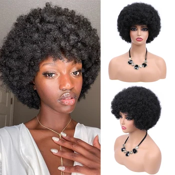 Krátke Vlasy Kinky Afro Kučeravé Parochne S Ofinou Pre Africké Ženy Syntetické Parochne Žena Prírodné Čierne Cosplay Glueless Každodenné Použitie