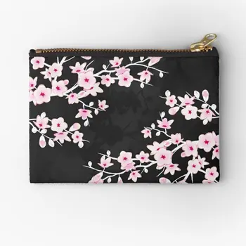 Kvetinový Cherry Blossom Pink Čierny Zips Vrecká Malé Ženy Muži Peniaze Kozmetické Vrecko Čistý Peňaženky Mincu Bielizeň Taška Skladovanie