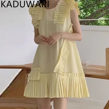 Kórejský Elegantné Volániky Skladaný Šaty Žien O Krk Motýľ Rukáv Nepravidelný Šaty Femme Lete 2024 Pevné Žltá Vestidos