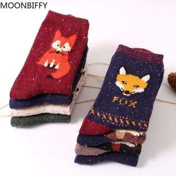Kórejský Hrubé Vlny Ženy Dievča Posádky Ponožky Jeseň Zime Harajuku Zvierat, Líška, Vlk Prekladané Sox