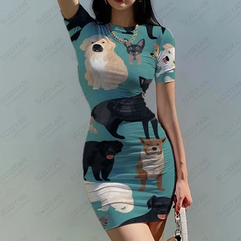 Letné Klasické Ženské Šaty Gothic Štýl-Krátke rukávy Šaty Roztomilý Pes 3D Tlačené Šaty Street Fashion Šaty okolo Krku Šaty