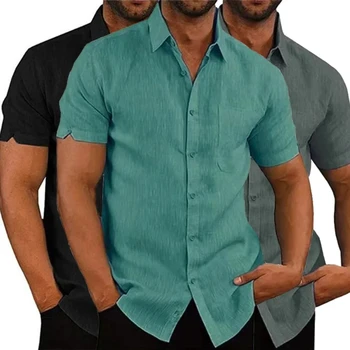 Letné pánske bavlnené a ľanové košele bežné krátke puzdre tričko tričko farbou klope formálne pláži tričko pánske oblečenie
