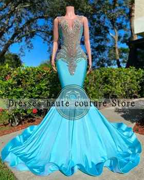 Luxusné Sky Blue Prom Šaty 2023 Pre Black Dievčatá Korálkové Crystal Mermaid Party Šaty Foraml Elegantné Večerné Šaty