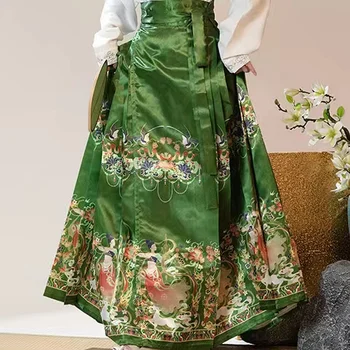 Luxusné Zelený Kvetinový Vytlačené Skladaný Dlhé Sukne pre Ženy, Čínsky Štýl Upravené Hanfu Kôň Tvár Sukne, Elegantné Skladaná Sukňa