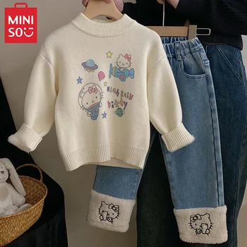 MINISO Anime Sanrio Kawaii Hello Kitty Dieťa Pletený Sveter Plyšové Nohavice Jeseň Zima okolo Krku Top Oblečenie Zahustiť Ležérne Džínsy