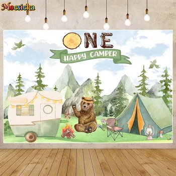 Mocsicka Happy Camper Foto Pozadie Dieťa 1. Narodeniny, Party Dekorácie Jungle Medveď Hnedý Stan Jeden Narodeniny Pozadie Photocall