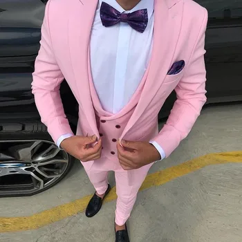 Muži Obleky Slim Fit 2023 Príčinné Ružové svadobné Nevesty Tuxedos Prom Obleky (Jakcet+Vesta+Nohavice) Kostým Homme