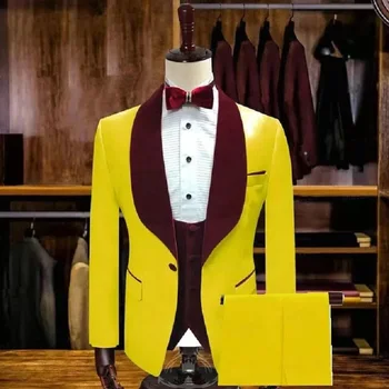 Móda Žlté pánske Slim Fit Oblek, Smoking Ženícha Formálne Svadobný Večierok Vyhovovali Zákazku Muž Najlepší Muž Sako 3 Kusy