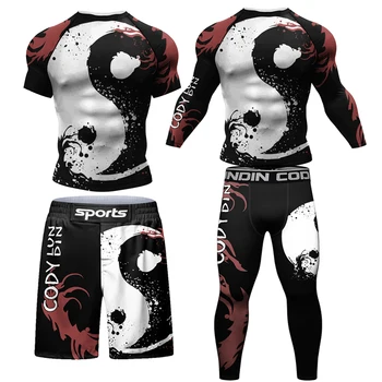Nové Jiu Jitsu Rashguard T-shirt Mužov MMA Šortky+Nohavice 4PCS/Set Brazílsky Ukotvenia Bjj Gi Box Vyrážka Stráže Muay Thai Športové oblečenie