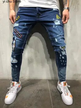 Nové Módne Muž otvor odznak výšivky džínsové nohavice nohavice pánske streetwear hiphop chudá Bežné Patch Džínsy