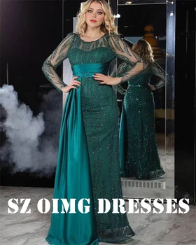 OIMG Nový Dizajn O-Krku Prom Šaty, Saudská arabské Ženy Sequined Morská víla Vintage Dlhé Rukávy Večerné Šaty Formálne Party Šaty