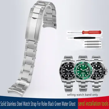 Pevné Nerezové Oceľové Hodinky Remienok Pre Rolex Zelená Čierna Voda, Svätý Submariner Zakrivené konci Skladacia spona watchband 20 mm