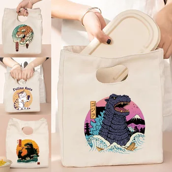 Plátno Tote Tepelnej Obed Taška Ženy Taška Anime, Japonsko Mačka Tlače Spojka Shopper S Potravinami Skladovanie Tašky Eco Organizátor Cestovné Tašky
