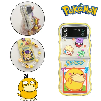 Pokémon Pikachu Telefón puzdro pre Samsung Galaxy Z Flip 5 4 3 Anime Obrázok Úvodzovky Psyduck Ochranný plášť s Príveskom ozdobná šnúrka na uniforme Prípade