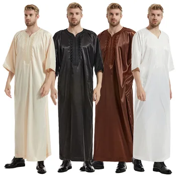 Pánske Priedušná Jubba Thobe, Krátky Rukáv, jednofarebné Výšivky, Tradičné Islamské Oblečenie, Saudská Arábia Kaftan Abaya