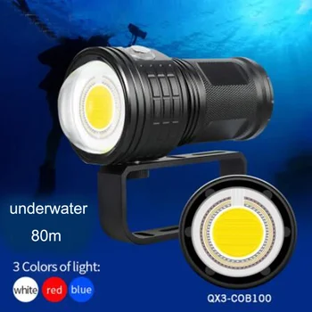 QX3 Podvodné 80m COB LED Ponoriť Pochodeň Ultra Svetlé Potápačská Baterka Potápanie IPX8 Vodotesné Fotografie Biela Modrá Červená Svetlo Lampy