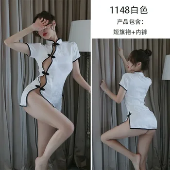 Retro Cheongsam Uniforme, Sexy Prádlo Vysokej Štrbinou Retro Čínsky Štýl Qipao Šaty Žena Erotické Mini Šaty Cosplay Kostým