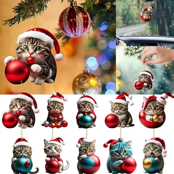 Roztomilé Mačka Vianočné Ozdoby Akryl Cartoon Santa Klobúk Drží Loptu Mačiatko Vianočný Strom Visí Prívesok Na Spoločenské Auto Zrkadlo Dekor