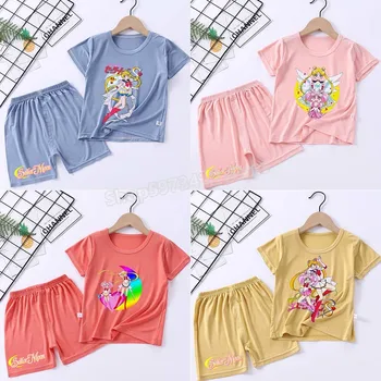 Sailor Moon Pyžamá pre Deti, Dievčatá Oblečenie Sleepwear Nastaviť detské Oblečenie Komiksu, Anime Tlač Tričko Nohavice Pajama Vianočný Darček