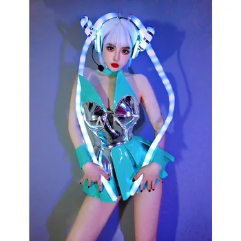 Sexy Gogo Dance Kostým Ženy Technológie Cosplay Výkon Oblečenie nočný klub Blue Patent Kožené Šaty LED Svietiť, Pokrývky hlavy Nastaviť