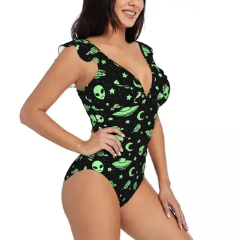 Sexy jednodielne Plavky 2023 Ženy Zelená Cudzinca UFO Mesiac Rozstrapatené Plavky celé plavky Žena Kombinézu Dievča Pláž, Kúpanie Oblek