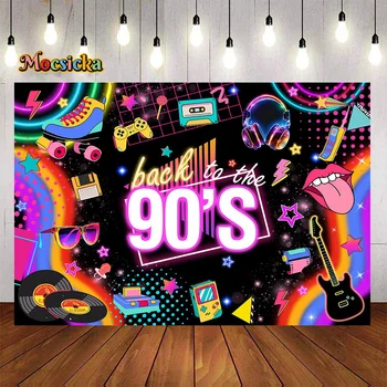 Späť do 90. rokov Narodeniny Hudba, Disco Party Pozadí Svietiť V Tme Neon Dekor Foto Pozadie Banner Dievča Baby Sprcha Photozone