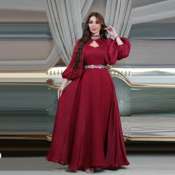Strana Abaya pre Ženy Hodvábny Satén Korálkové Ramenný Kryt+Vnútorné Šaty Islamské Oblečenie Moslimských Dubaj Večerné Šaty Marocký Kaftane